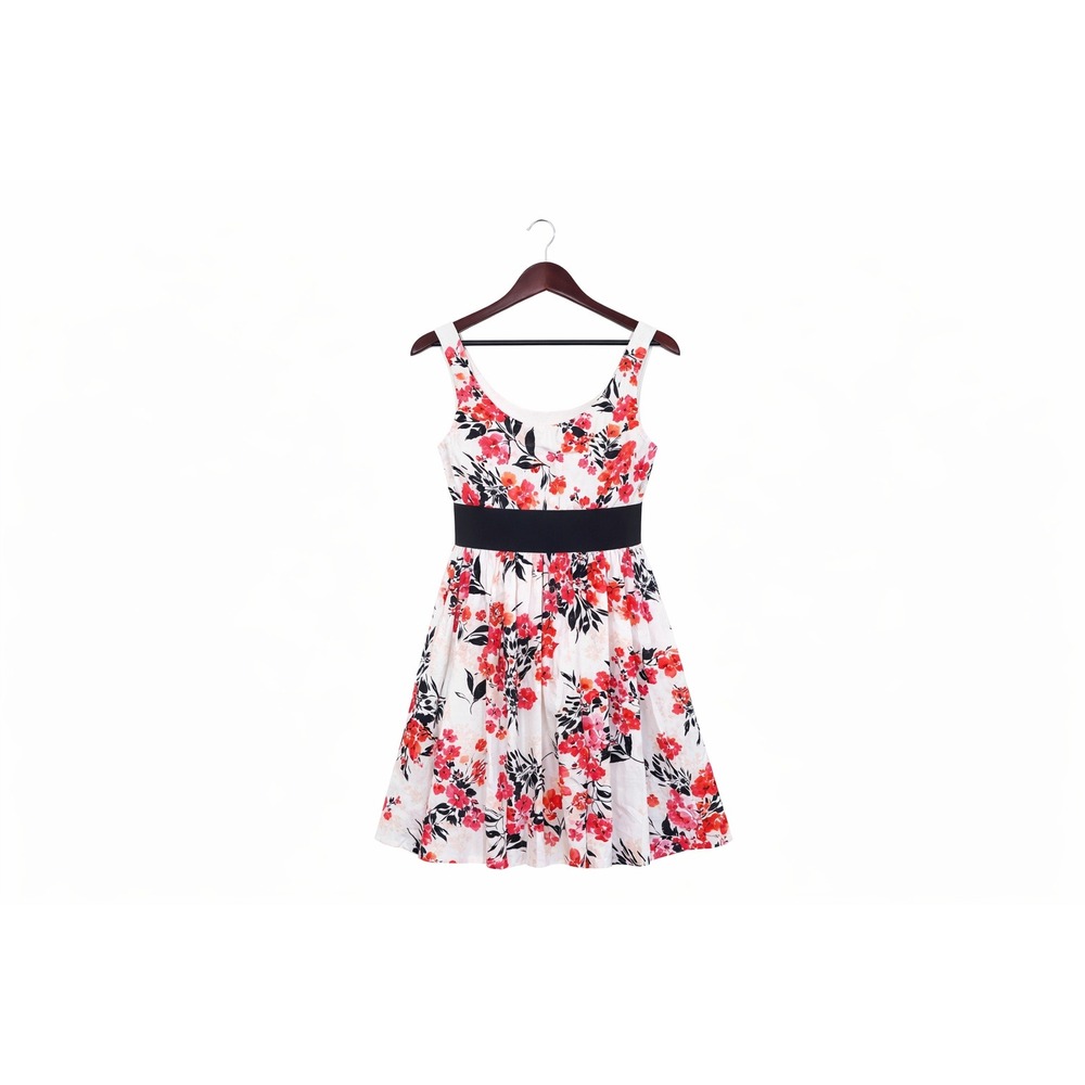 Floral Retro Fit and Flare Mini Party Dress Pink Orange Black Waistband Size 4